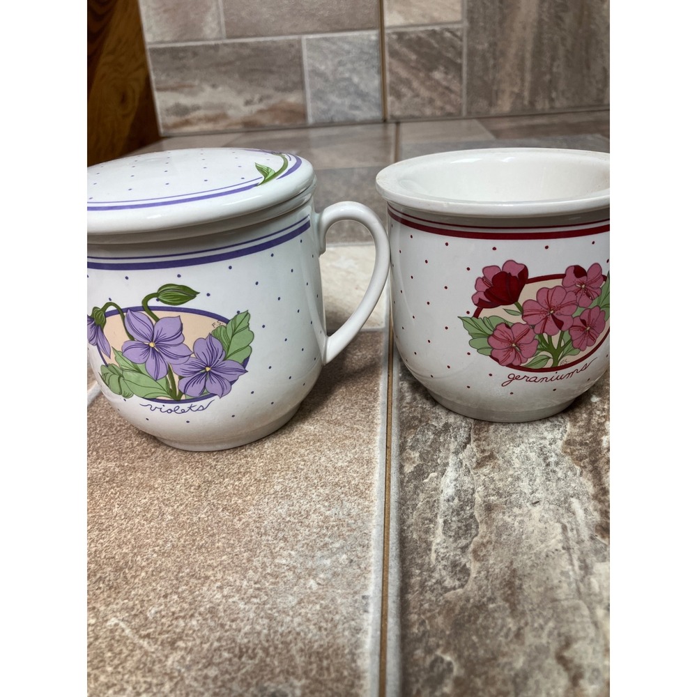 Papel Tea Infuser Mugs Set of 2 Violets Geraniums Hand Decorated Ceramic Korea
